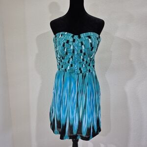 Bebe Blue and Black Tie-dye Strapless Mini Dress